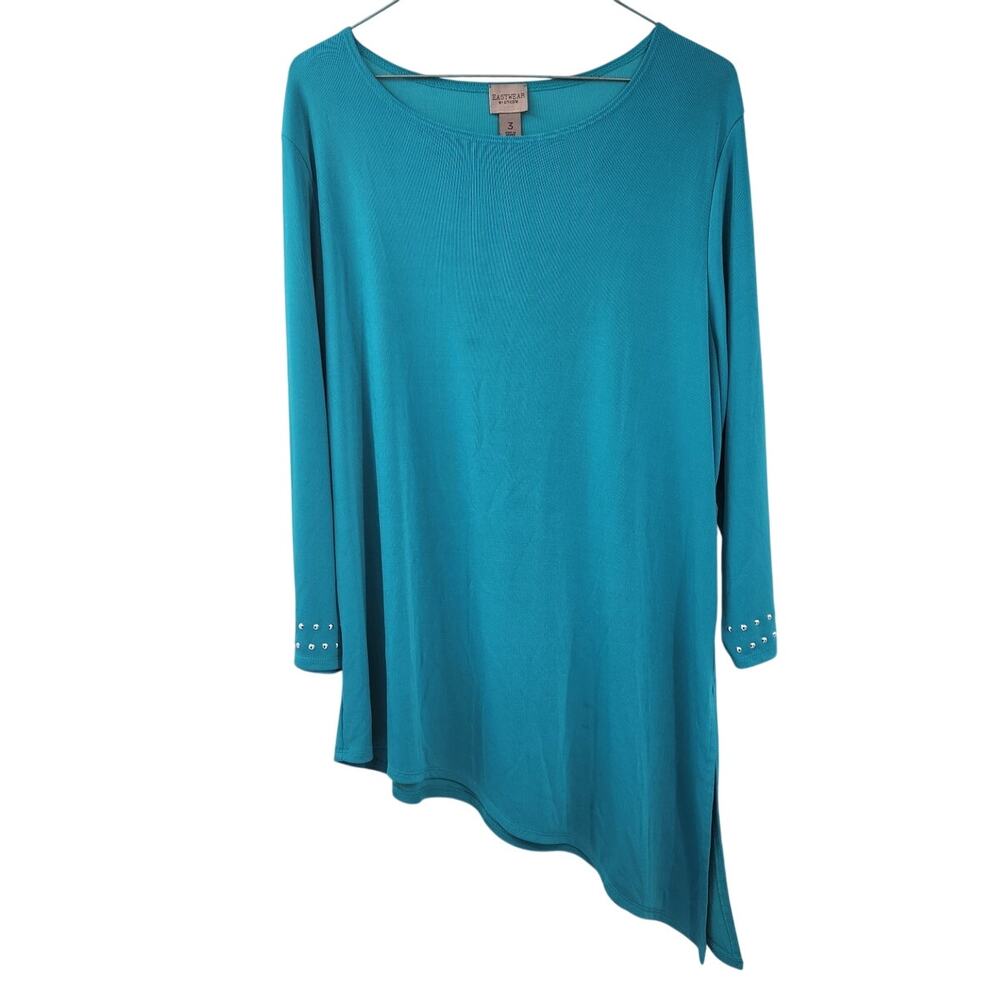 Chicos Blue Asymmetric Hem Long Sleeve Top Womens Extra Large XL (Chico's 3)